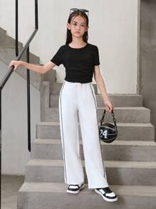 SHEIN Leap Crew Tween Girls' Contrast Piping Drawstring Waist Wide Leg Cargo Pants - White - View 6