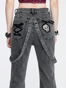 ROMWE Grunge Punk Punk Metal Rivet Jarretel Jeans Met Kruisversiering, Leuke Strik, Schedelborduurwerk En Bell-Bottom Design Voor Vrouwen, School