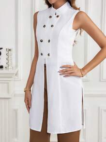 SHEIN Clasi Solid Double Breasted Split Hem Sleeveless Blouse Fitted Shirt Fall Women Outfits - White - View 3