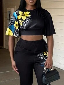 LovelyWholesale Conjunto pantalones con top de manga con volante con estampado floral - Negro - Ver 6