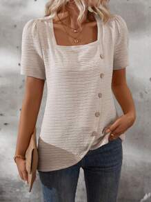 SHEIN LUNE Square Neck Textured Short Sleeve Casual T-Shirt - Apricot - View 6