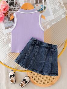 SHEIN 2 Bộ áo thun có cổ và váy denim phong cách đường phố thường ngày cho bé gái, trang phục Xuân/Hè - Màu tím - Xem 2