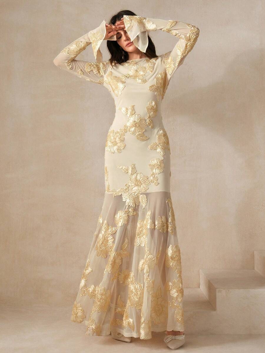Anewsta White Elegant Floral Embroidered Backless Fishtail Dress For Women Maxi Women Outfit - Apricot - View 1