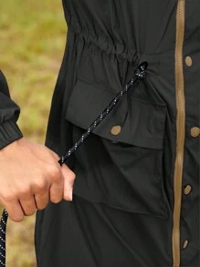 In My Nature Letter Graphic Drawstring Flap Pocket Patched Rain Jacket - Black - View 8