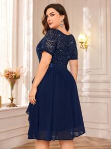 Plus Elegant V-Neck Sequin Lace Contrast Chiffon Ruffle Trim Cocktail Party Swing Dress - Navy Blue - View 3