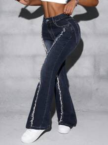 SHEIN ICON Frayed Patchwork Washed Denim Jeans - Dark Wash - View 5