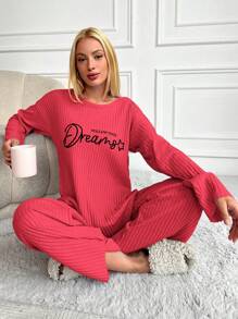 RueChic 女士字母印花長袖上衣和褲子家居套裝