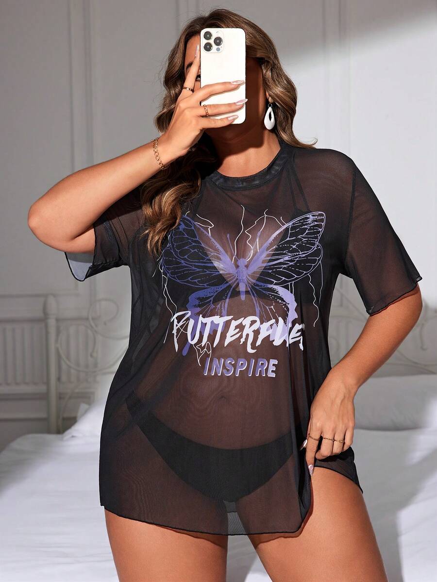 Swim EVENT Plus Butterfly & Letter Graphic Cover Up - Multicolor - View 1