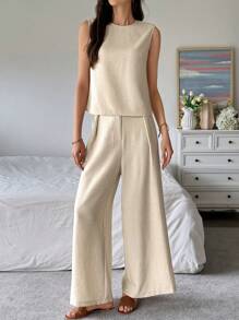 SHEIN LUNE 無袖寬鬆背心和寬腿褲兩件套裝 - 杏色 - 查看 5