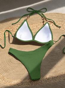SHEIN Bộ Bikini Đi Biển Mùa Hè Màu Trơn Nữ Dây Buộc Cổ Bộ Bikini Gợi Cảm - màu xanh lá - Xem 2