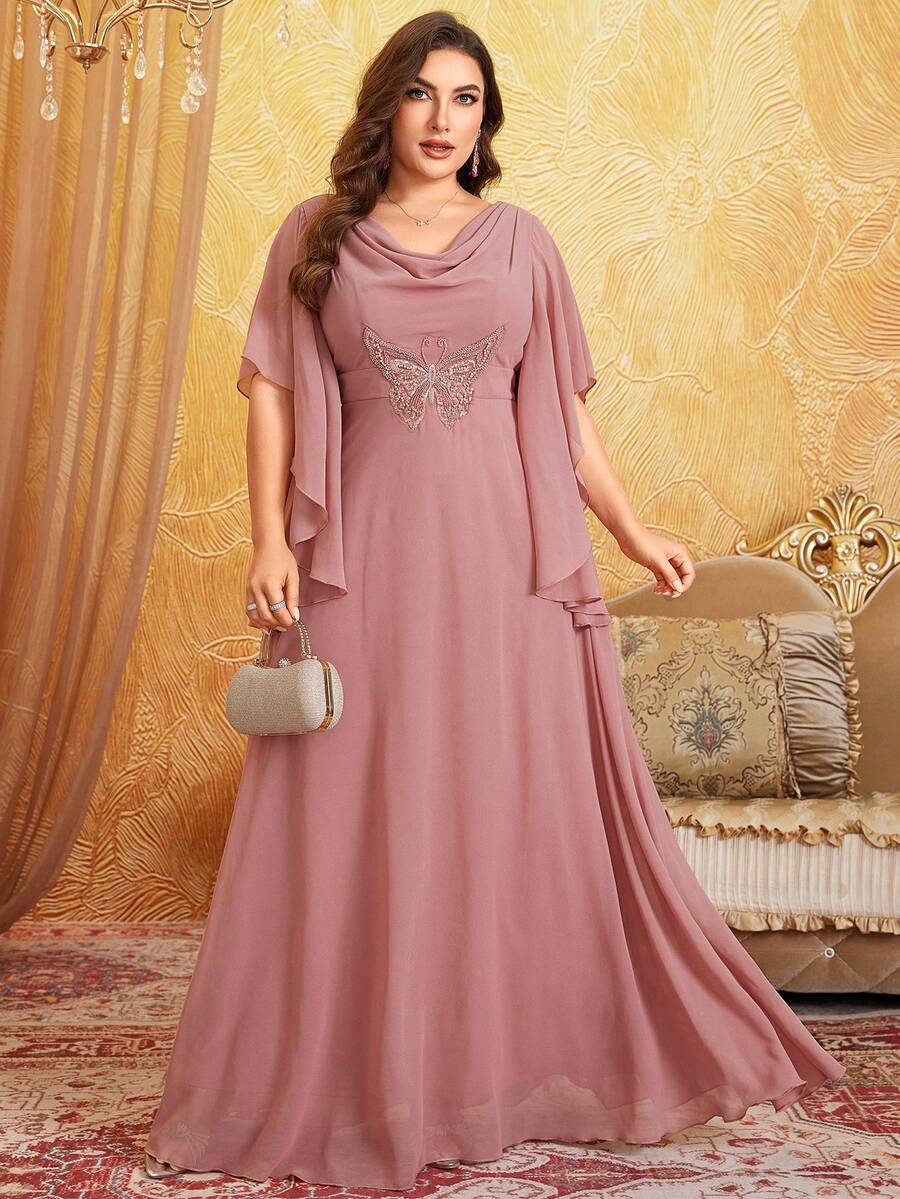 Große Größen Chiffon Kleid mit V-Ausschnitt, A-Linie, Schmetterling-bestickter Taille und weiten Ärmeln, elegantes und anmutiges Abendkleid für Prom, Halb-Formal, Hochzeitsgäste, für Geburtstag, Abschluss, Homecoming - Altrosa - Übersicht 1