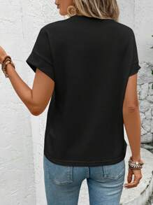 Easowa Waffle Texture Skin-Friendly Drop-Shoulder Apricot Women's T-Shirt - Black - View 8