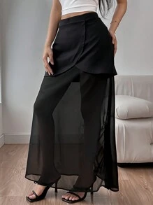 SHEIN Unity Einfarbiger farbiger Damen Rock mit lässigen Mesh-Einsätzen für den täglichen Gebrauch - Schwarz - Übersicht 4