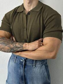 Men's Solid Color Short Sleeve Casual Shirt, Versatile For Spring Commuting - Army Green - View 5
