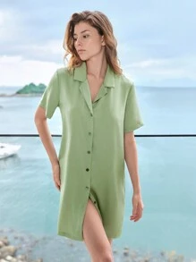 Ocili Ocili Leisure Collared Textured Shell Button Short Sleeve Skirt Women's Sleep Dress