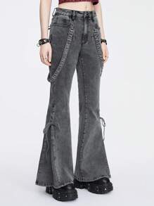 ROMWE Grunge Punk Punk Metal Rivet Jarretel Jeans Met Kruisversiering, Leuke Strik, Schedelborduurwerk En Bell-Bottom Design Voor Vrouwen, School