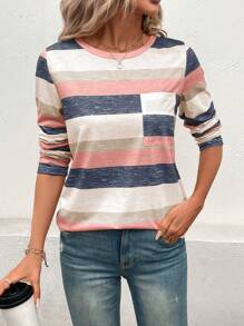 SHEIN LUNE Camiseta gráfica de mujer con bolsillo y estampado a rayas - Multicolor - Ver 4