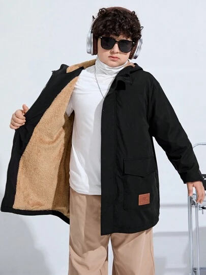 SHEIN Tween Boys Thermal Lined Knitted Jacket With Patches, Thick Hooded Cardigan Suitable For Commuting, School, Daily Wear, Vacation, Travel, Sports, And Suitable For All Seasons,In Fall/Winter