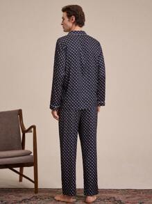EverLounge 男士满版印花前纽扣长袖上衣和裤子睡衣套装/睡衣套装 - 黑與白 - 查看 2