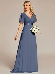 Elegant V-Neck Ruffle Butterfly Sleeve Blue Bridesmaid Dress, Guest Dress For Spring Semi-Formal Occasions Like Wedding, Birthday Party, Graduation, Valentine's Day - Blue - View 7
