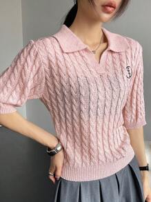 DAZY Áo dệt kim thêu chữ - Hồng - Xem 4