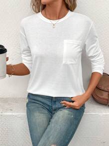 SHEIN LUNE Solid Pocket Patched Drop Shoulder Tee Fall Cloth For Women - White - View 4