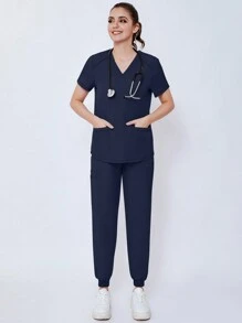 Women's Matte Stretch Jogging Nurse Uniform Scrub Top And Pants Set With Pockets, Breathable Brush Hand Clothing