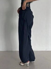 FRIFUL Casual Solid Drawstring Waist Wide Leg Pants Linen - Navy Blue - View 4