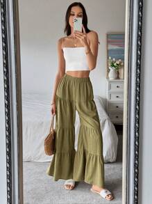 SHEIN LUNE 優雅有質感的長款女褲，適合舒適通勤 - 綠色 - 查看 3