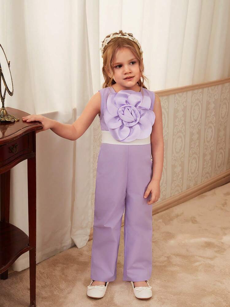 Girls' Glamorous  3D Floral Decorated Tank Jumpsuit, Suitable For Spring/Summer, Ideal For Weddings And Parties