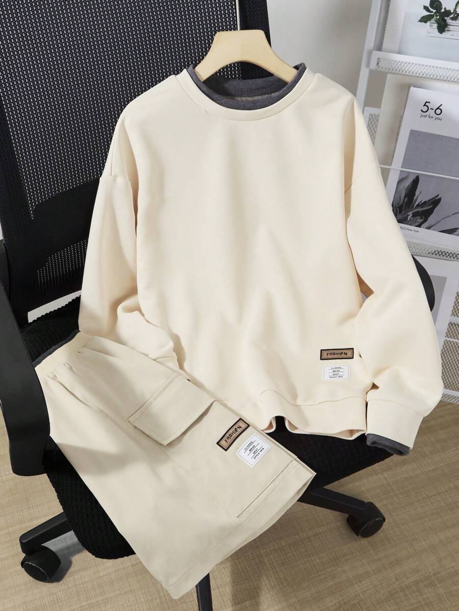 SHEIN 少年組連帽長袖運動衫和實用短褲秋季套裝，2件套，尺寸42.73 - 卡其色 - 查看 1