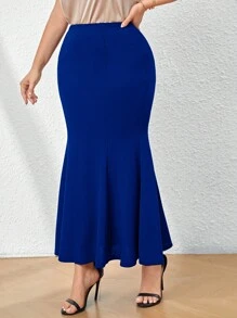 SHEIN Privé 加大尺碼女裝浪漫魚尾黑色裙子，長款，修身版型，適合簡潔工作服、派對和晚餐約會 - 寶藍色 - 查看 5