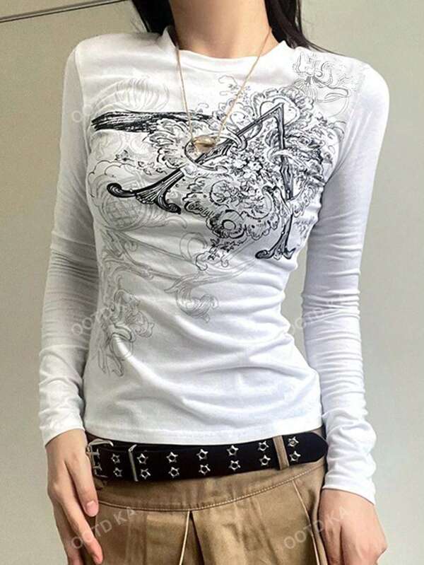 New Arrival Women's Casual Fashion Solid Color Vintage Printed Slim Fit Round Neck Long Sleeve T-Shirt