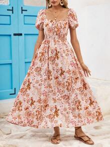SHEIN VCAY Vestido con cuello cuadrado y cintura fruncida con estampado floral para vacaciones de verano - Multicolor - Ver 4