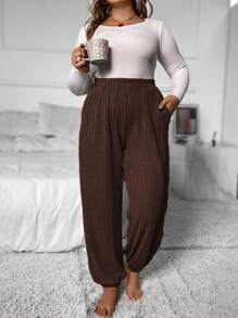 SHEIN LUNE Plus Solid Slant Pocket Sweatpants - Coffee Brown - View 1