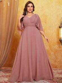 Vestido de dama de honor de gasa con cuello en V, mangas de murciélago, pliegues en el pecho y vuelo para mujer de talla grande - Rosa vieja - Ver 1