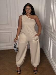 Slaydiva Salopetă de damă cu un singur umăr mărime Plus, stil de bază pentru timp liber - Caisă - Vizualizare 4