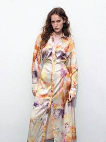 Maija 教师秋季花卉水彩印花收腰长袖衬衫裙女士 - 黃色 - 查看 1