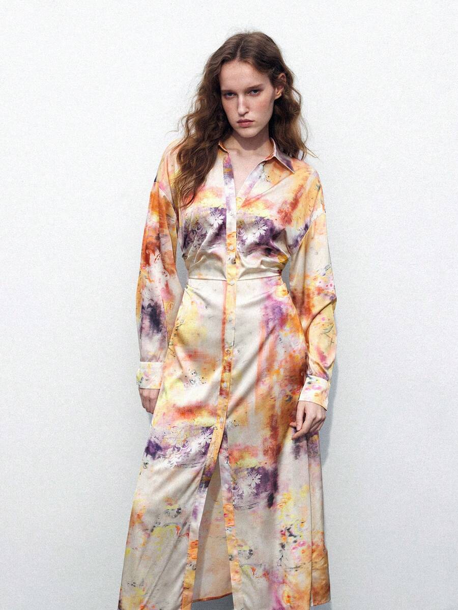 Maija 教师秋季花卉水彩印花收腰长袖衬衫裙女士 - 黃色 - 查看 1