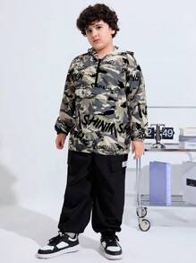 SHEIN 2pcs Tween Boys Extended Size Camo Printed Hooded Pullover And Cuffed Sweatpants Suit,Back-To-School Autumn Casual Loose Top Set For Daily Leisure - Multicolor - View 6