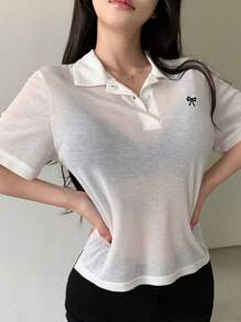DAZY Low Pattern Polo Neck Tee For Summer Preppy Tops - White - View 4