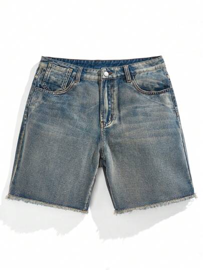 Manfinity Denimwave Men's Light Blue Retro Denim Casual Straight Shorts Going Out Plain Dark Blue Distressed Denim Jorts Baggy Denim Shorts, For Husband, Boyfriend Gifts Going Out Work Urban