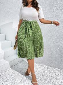 Celure Plus Ditsy Floral Print Pleated Hem Belted Dress For Summer