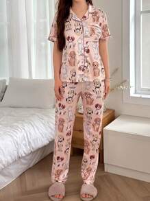 SHEIN 卡通图案撞色滚边缎面上衣和裤子睡衣套装 - 彩色 - 查看 6