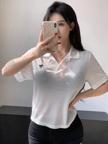 DAZY Low Pattern Polo Neck Tee For Summer Preppy Tops - White - View 3