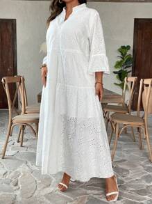 Breezaya Plus Size Vakantie Casual Effen Kleur Uitgehold Borduurwerk Ingekeepte Hals Bell Mouw Jurk Maxi Dames Outfit