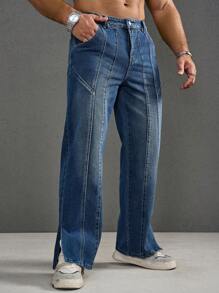 Manfinity Homme Quần jean nam xéo xẻ Hem bỏ túi ống thẳng - Rửa trung bình - Xem 3