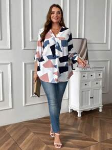 EMERY ROSE Plus Geo Print Roll Tab Sleeve Blouse