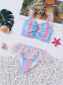 Young Girl Gradient Fish Scale Print Mesh Bikini Set, Summer Beachwear - Multicolor - View 1