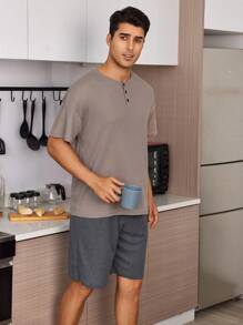 Men's Short-Sleeved And Long Pants Home Wear Set With Half-Zipper Collar And Solid Colors,  Couples Matching Outfits - Multicolor - View 5